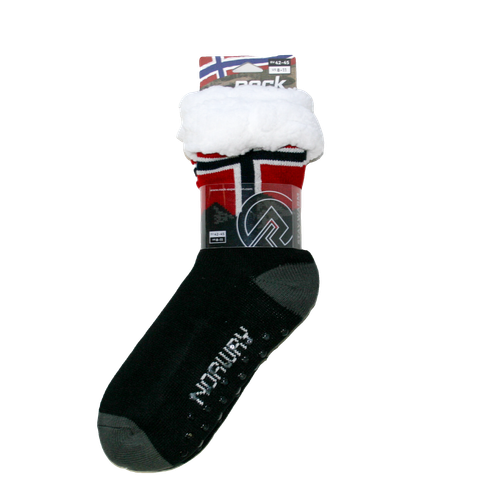 Black slipper sock with Norway text, Norwegian flag design, white faux fur trim, and non-slip grips.
