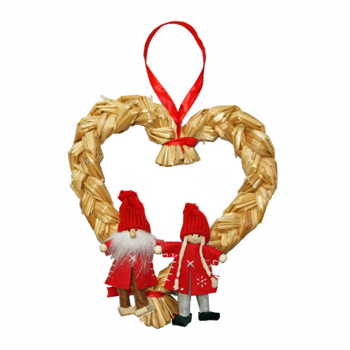 Straw heart wreath with red ribbon and Tomten dolls. Woven straw, red fabric, and wooden dolls. Front view.