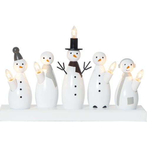 White wooden snowman candelabra with five candle lights, black accents, and wooden base.
