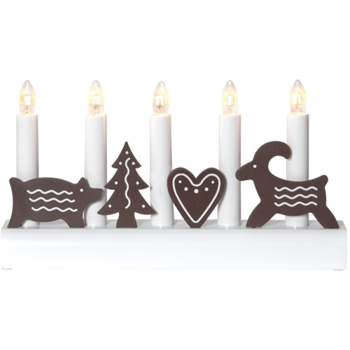 White electric candelabra with five lights, brown wooden animal figures, black background.