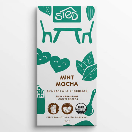 Mint Mocha chocolate bar, white packaging, green illustrations, "Sted" logo, "USDA Organic" label.