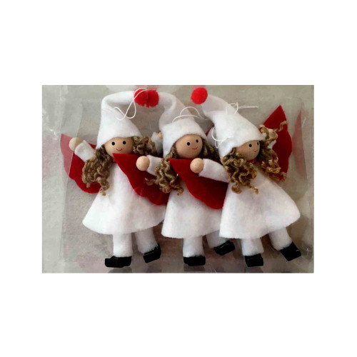 Three white felt angel ornaments with red wings, wood faces, and curly hair.
