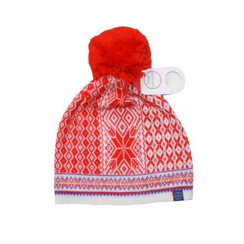 White and orange merino wool knit hat with a red pom, snowflake design, and brand tag.