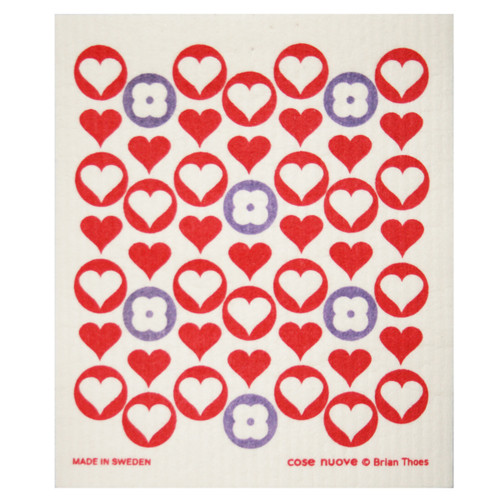 White Swedish dishcloth with red hearts and purple flower patterns. "Made in Sweden" and "cose nuove © Brian Thoes" text.