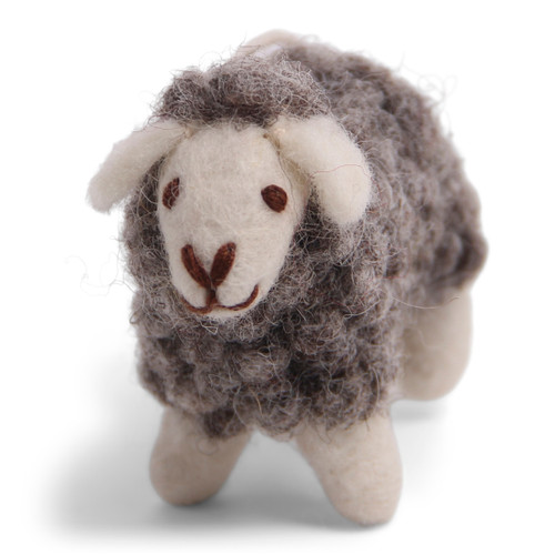 Grey felt mini sheep with white face and legs, brown embroidered details.