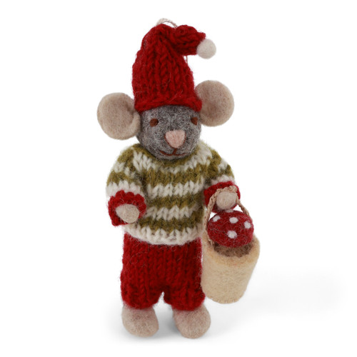 Small Grey Boy Mouse with Sweater & Mushroom Basket
