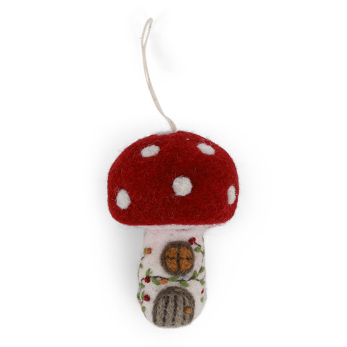 White and red felt mushroom house ornament with floral embroidery and hanging string.