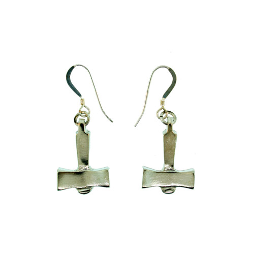 Silver Thor's Hammer earrings. Pewter, dangle style. White background.