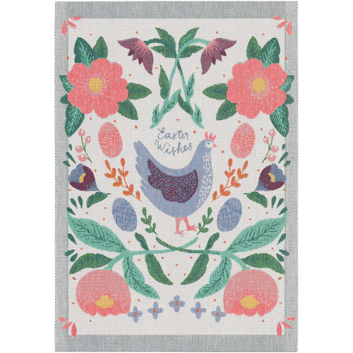 Easter-themed kitchen towel with a chicken and floral design; made of woven cotton.