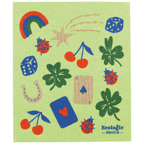 Green dishcloth with lucky icons: rainbow, dice, ladybugs, cherries, clover, cards.