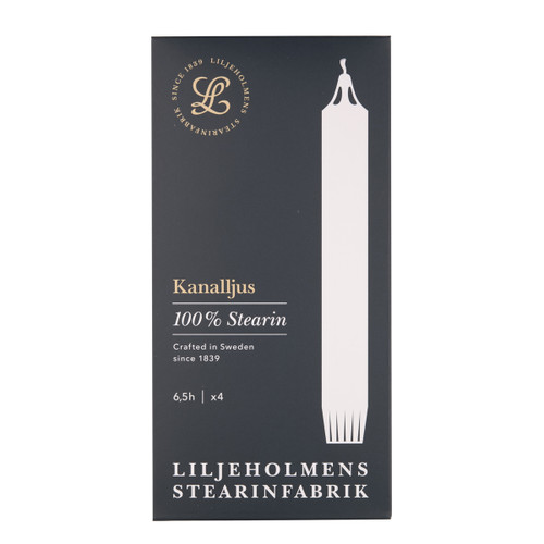 Dark box with white candle graphic, text: "Kanalljus 100% Stearin", "Liljeholmens Stearinfabrik".