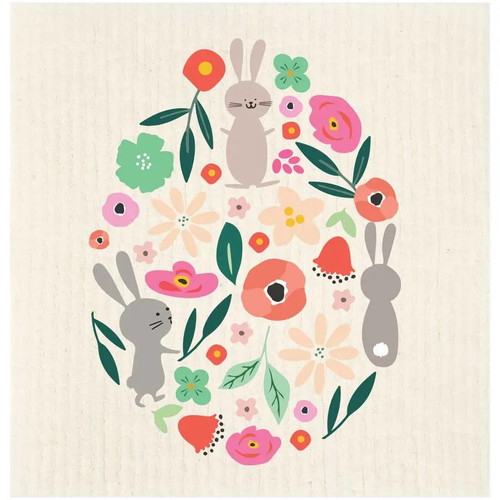 Easter egg design with bunnies and flowers, light background.