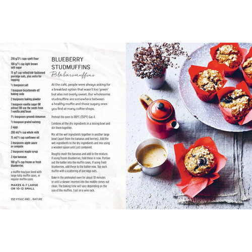 Recipe page from a cookbook, with blueberry studmuffin recipe and a photo of muffins.