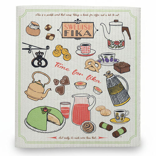 Swedish Fika dishcloth. Beige background with colorful illustrations of pastries, coffee, and text.
