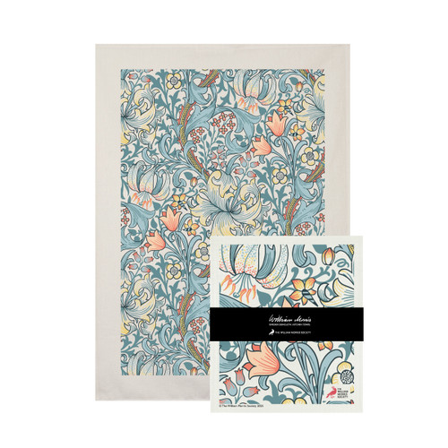 Golden Lily kitchen towel and dishcloth set. Floral pattern in blue, yellow, and peach. Cotton towel, Swedish dishcloth.