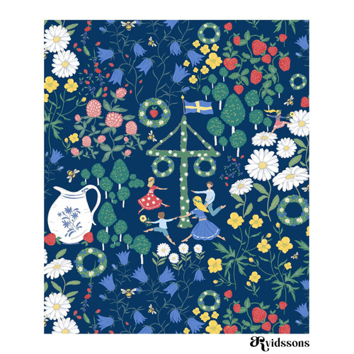 Blue floral pattern with people dancing around a maypole, Swedish flag, and strawberries.