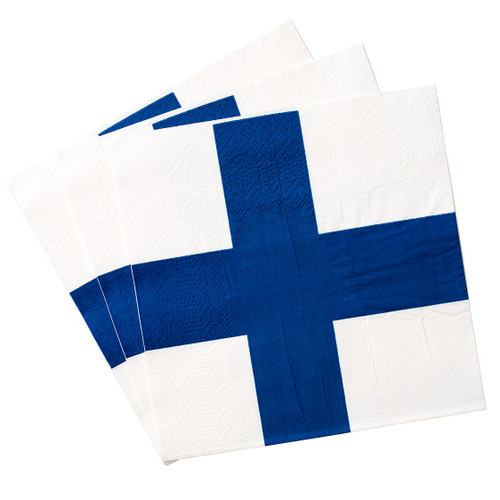 Finland flag napkins, blue and white, paper, folded, angled view.