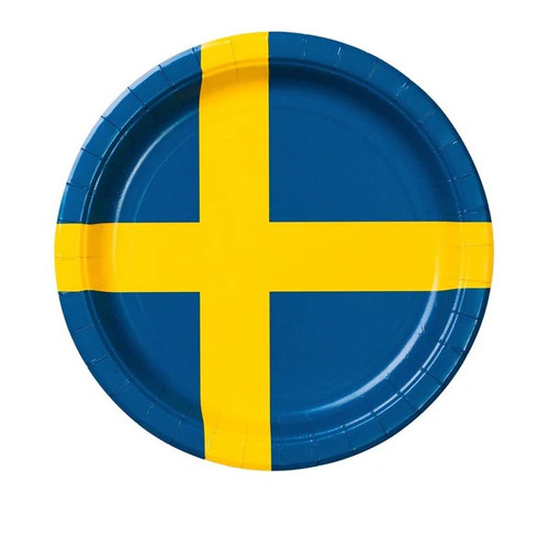 Blue and yellow paper plate with Swedish flag design. Round, with a ridged edge.