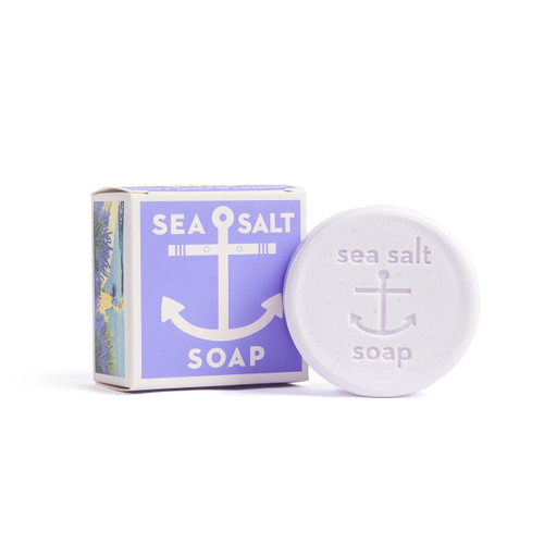 Lavender soap bar and box, light purple, anchor design, sea salt text.