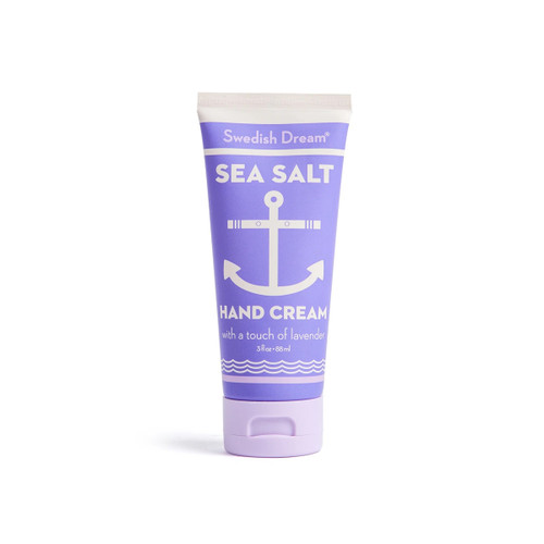 Lavender and white hand cream tube with anchor graphic, purple cap.