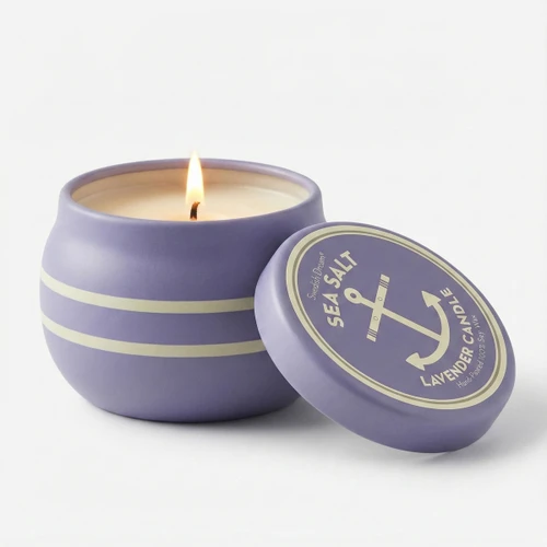 Purple lavender candle with cream stripes and a matching lid with an anchor design.