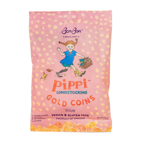 Pink bag of Pippi Longstocking Gold Coin sour gummies with illustration