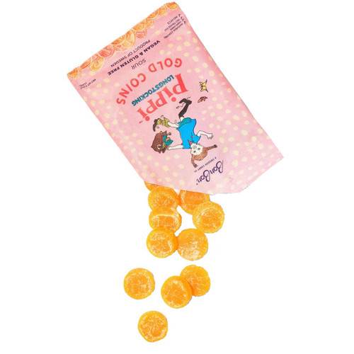 Pippi Longstocking sour gold coin gummies spilling from a pink bag.