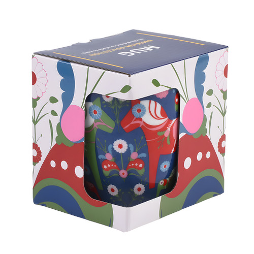 Blue ceramic mug with Dalahorses in box, floral design