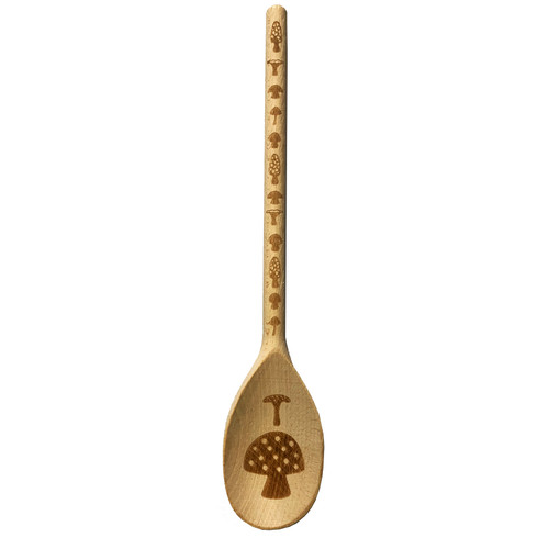 Wooden spoon with engraved mushroom pattern on handle and bowl