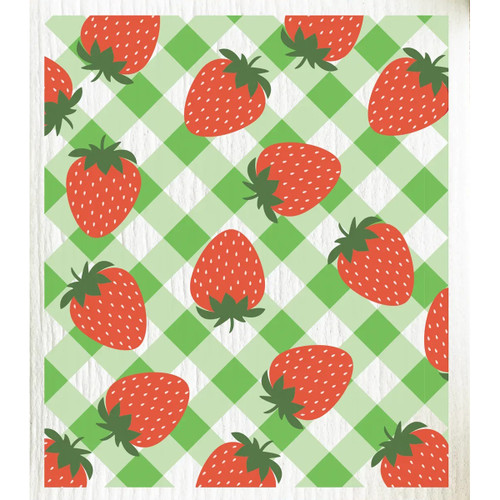 Red strawberries on a green and white checkered background.