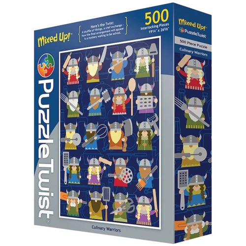 Puzzle Twist 500-piece puzzle box featuring whimsical cartoon Viking chefs with kitchen utensils.