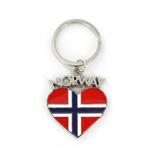 Silver-tone metal keychain featuring a heart-shaped pendant with the Norwegian flag and "NORWAY" text.
