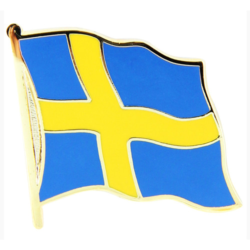 Gold-edged lapel pin of the blue and yellow Swedish flag on a small flagpole.