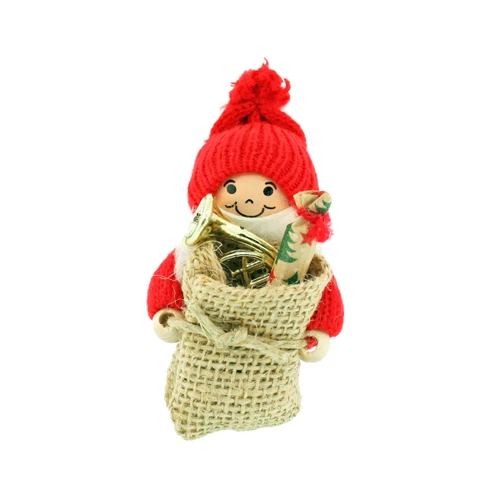 Handcrafted wooden Tomte Santa figurine in red knit hat holding a burlap sack of gifts.
