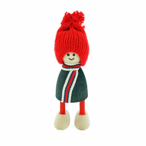 A wooden Swedish Tomte figurine with a red knit hat, scarf, dark tunic, and oversized feet.