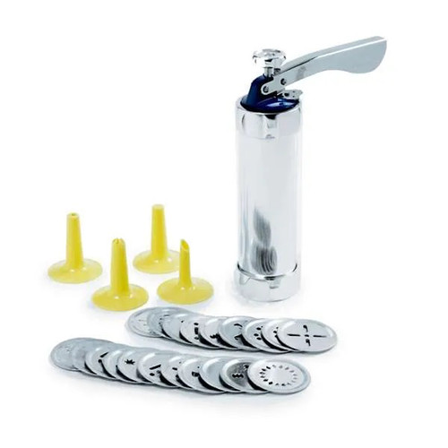 Norpro aluminum cookie press with 20 silver discs and 4 yellow icing tips.
