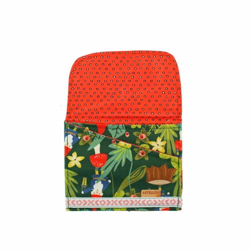 Open Steller gnome wallet with green Nordic print and red dotted flap.