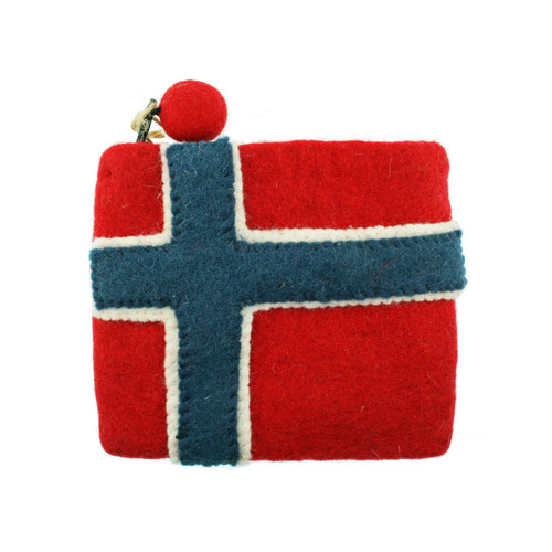 Red felt coin purse with a Norwegian flag design and a red pom-pom zipper pull.