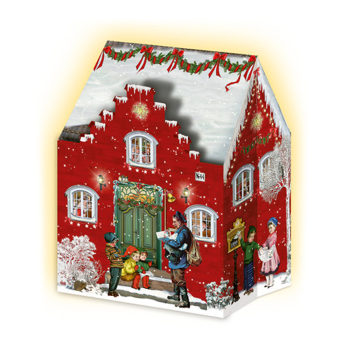 Red 3D advent calendar house lantern with festive holiday illustrations, children, and a mail carrier.