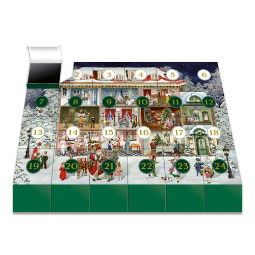 Advent calendar with 24 numbered doors showing a festive Christmas house scene in green, red, and white.