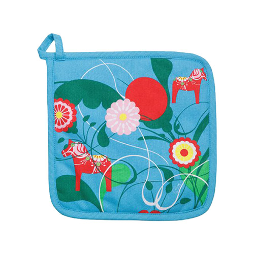 Light blue Cindor cotton pot holder featuring red Dala horses, flowers, and green kurbits patterns.