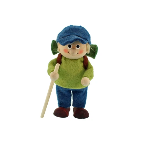 Wooden and felt hiker ornament with blue cap, green shirt, backpack, and walking stick.