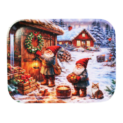 Birch wood tray with a festive Swedish Christmas scene of two gnomes and a cat in the snow.
