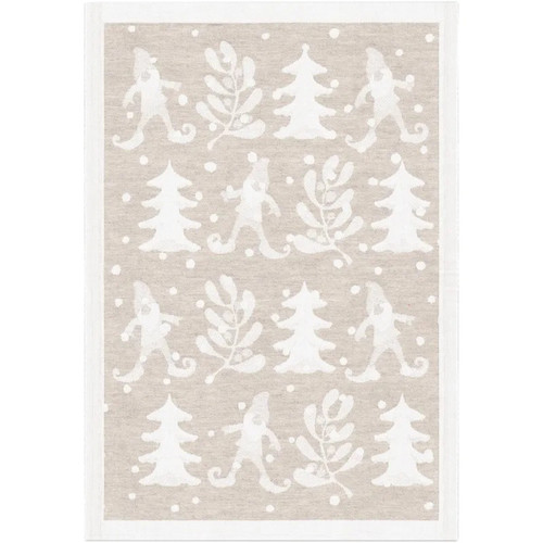 Off-white tea towel featuring a repeating Nordic pattern of gnomes, trees, and mistletoe.