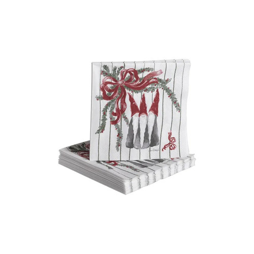A stack of white 3-ply paper cocktail napkins featuring a festive red bow, green garland, and three tomte gnomes.