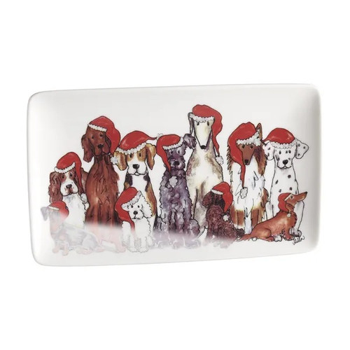White rectangular ceramic Christmas platter featuring an illustration of dogs wearing Santa hats.