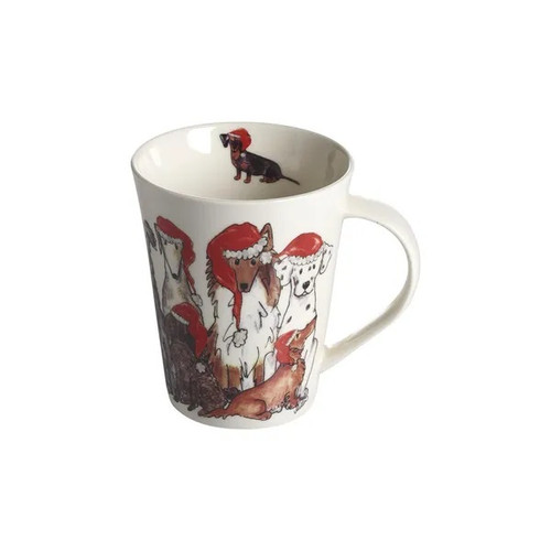 White ceramic Christmas coffee mug featuring watercolor illustrations of dogs in Santa hats.