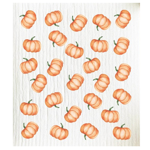 Textured white Swedish dishcloth with a pattern of orange pumpkins and green stems.