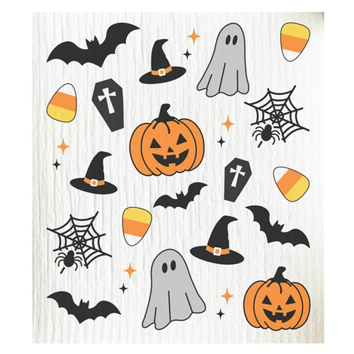 White Swedish dishcloth printed with a playful Halloween pattern of pumpkins, ghosts, bats, and candy corn.