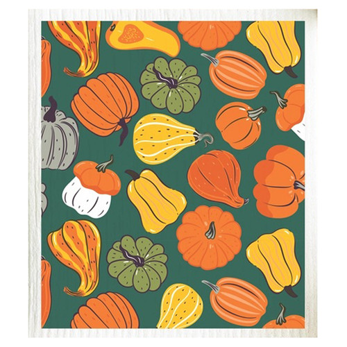 Swedish dishcloth with an autumn pattern of orange, yellow, and green pumpkins and gourds on dark teal.